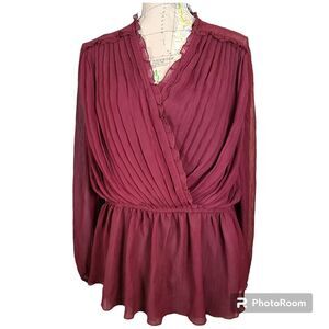 NWT Belle Sky Size X-Large Red Burgundy Ruffled Pleated Peplum Sheer Blouse